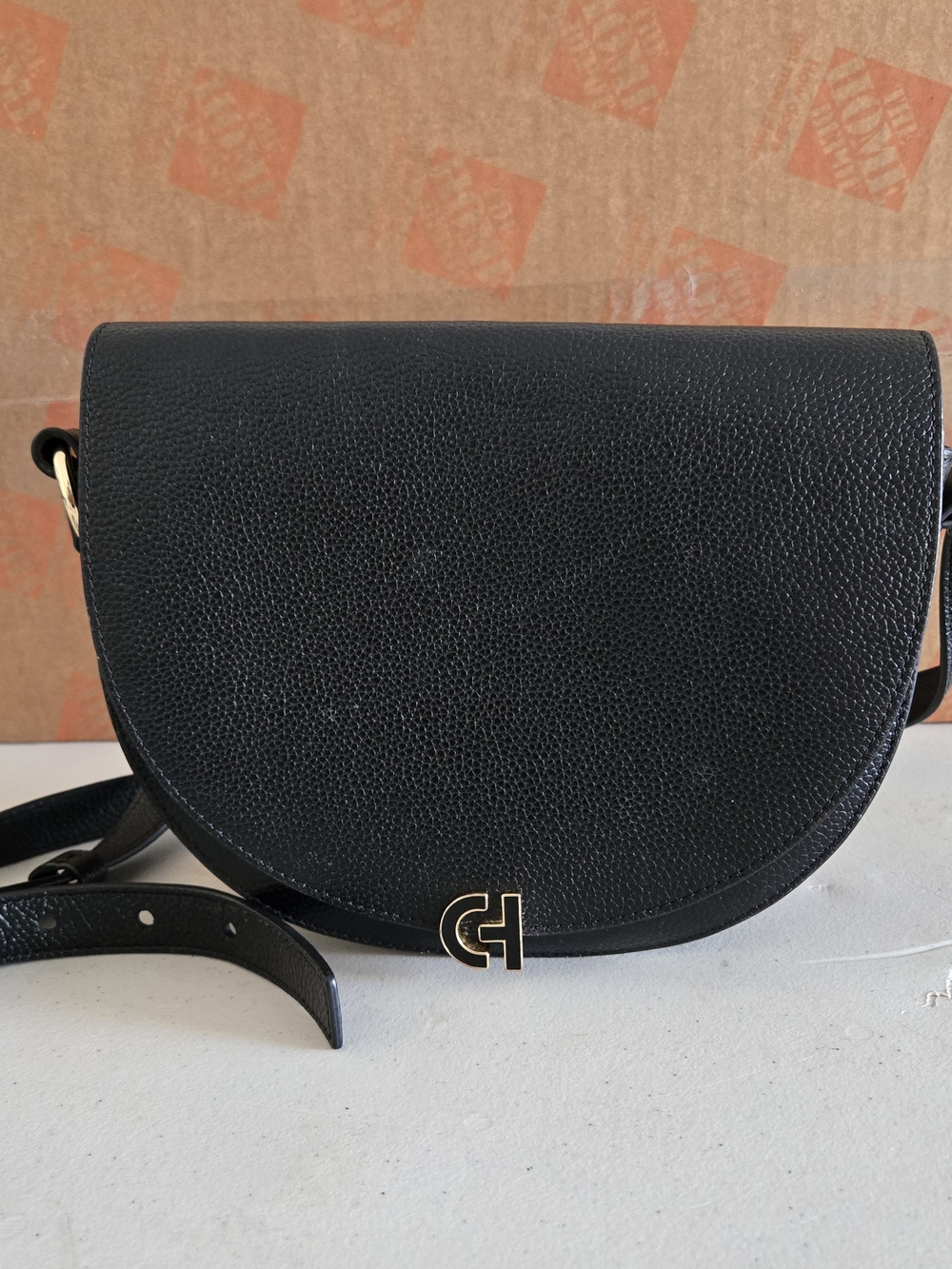 Cole Haan Black Leather Small Crossbody Saddle Bag with Gold Hardware